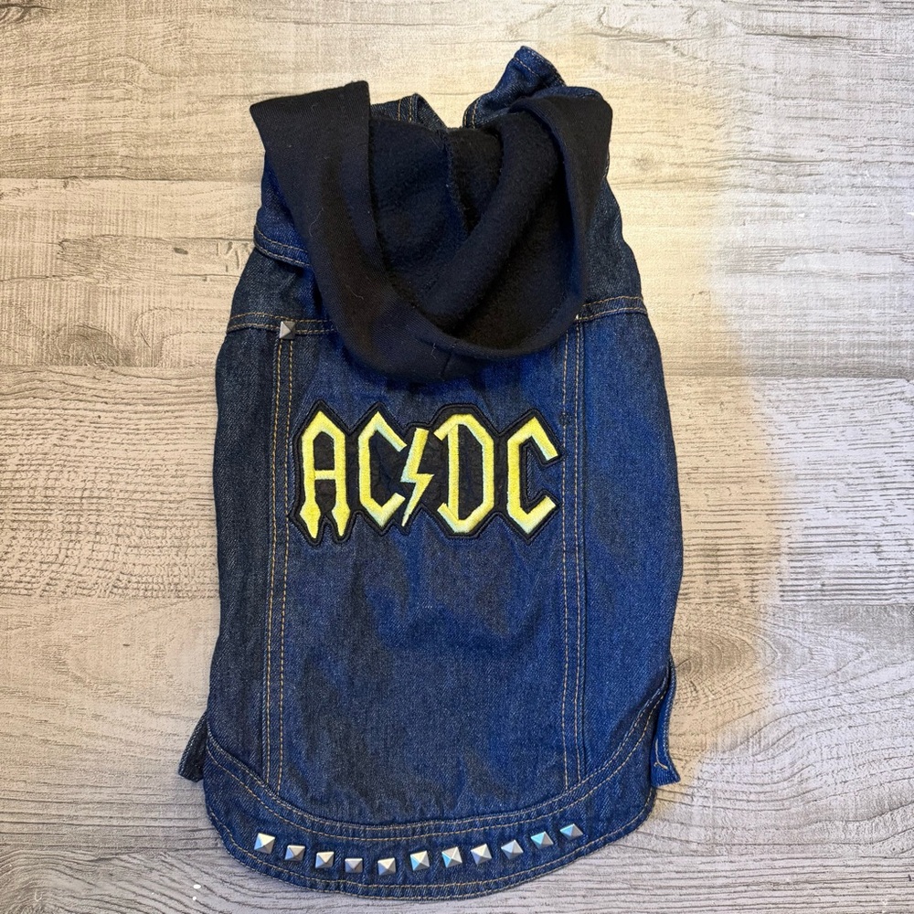 Fatdog AC/DC dog Denim Jacket Black Hoodie studded blue Jean vest rocker SMALL